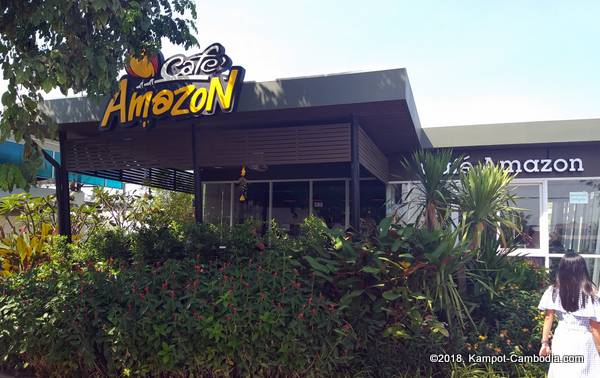 Cafe Amazon and PTT Gas Station in Kampot, Cambodia.