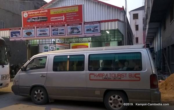 Champa Express Travel & Tours Bus in Kampot, Cambodia.