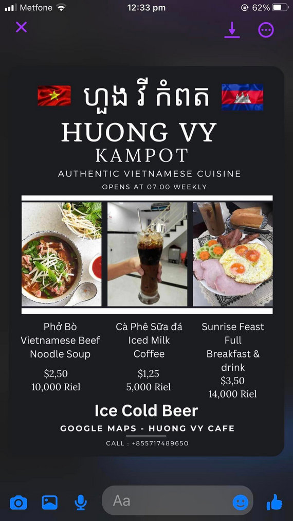 Huong Vy Vietnamese Restaurant in Kampot, Cambodia.