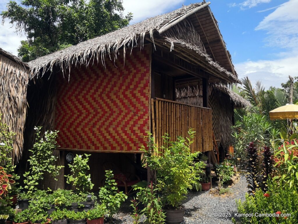 village life kampot cambodia. traditional bungalows.