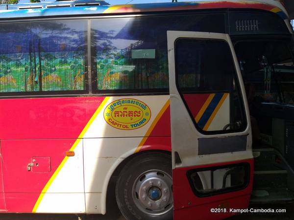 Transportation in Kampot, Cambodia. Buses and bus station.