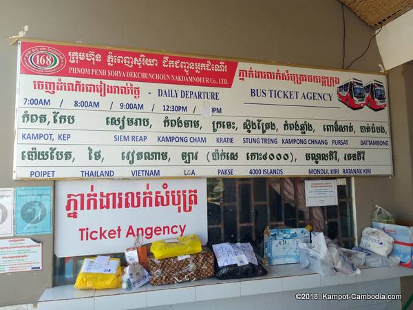 Transportation in Kampot, Cambodia. Buses and bus station.