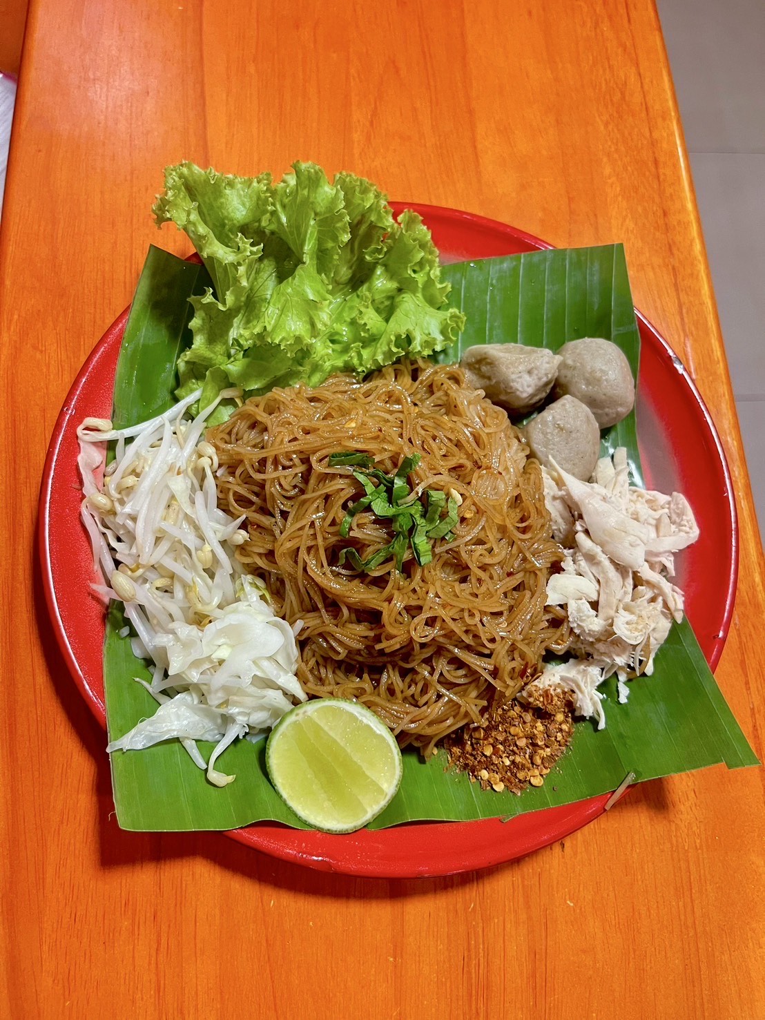 Chicken dry noodles with special sauce.