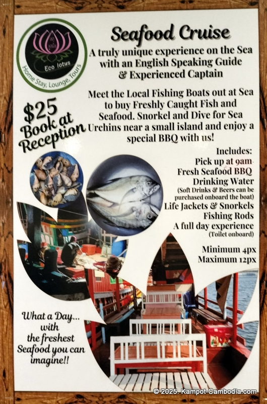 eco lotus cooking school and countryside rooms in kampot, cambodia and seafood cruise.
