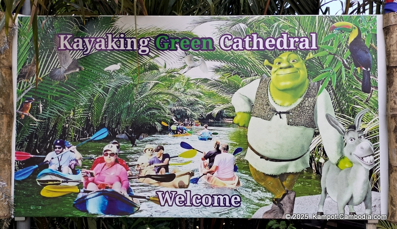 Kayaking Green Cathedral in Kampot, Cambodia. Kayak tours in the tributary of the Kampot River.