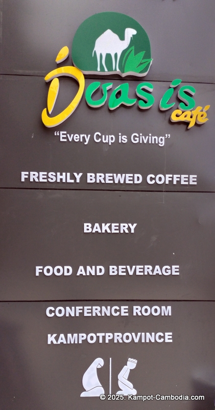 D'Oasis Cafe. Meeting Room, Prayer Room, Thai and Indian Food. in Kampot, Cambodia.