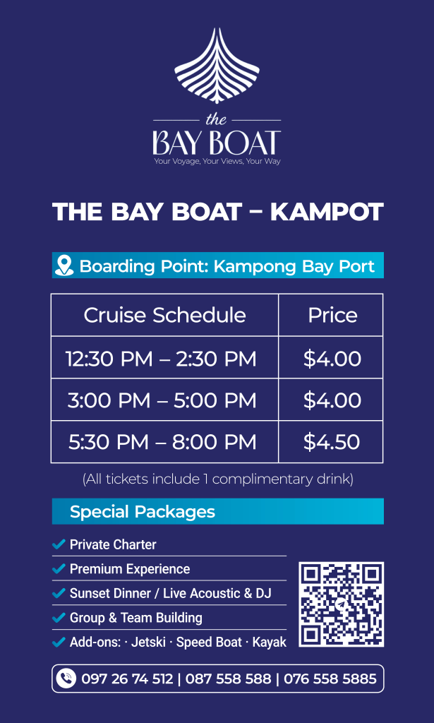 the bay boat. kampot, cambodia. daily cruises on the kampot river.