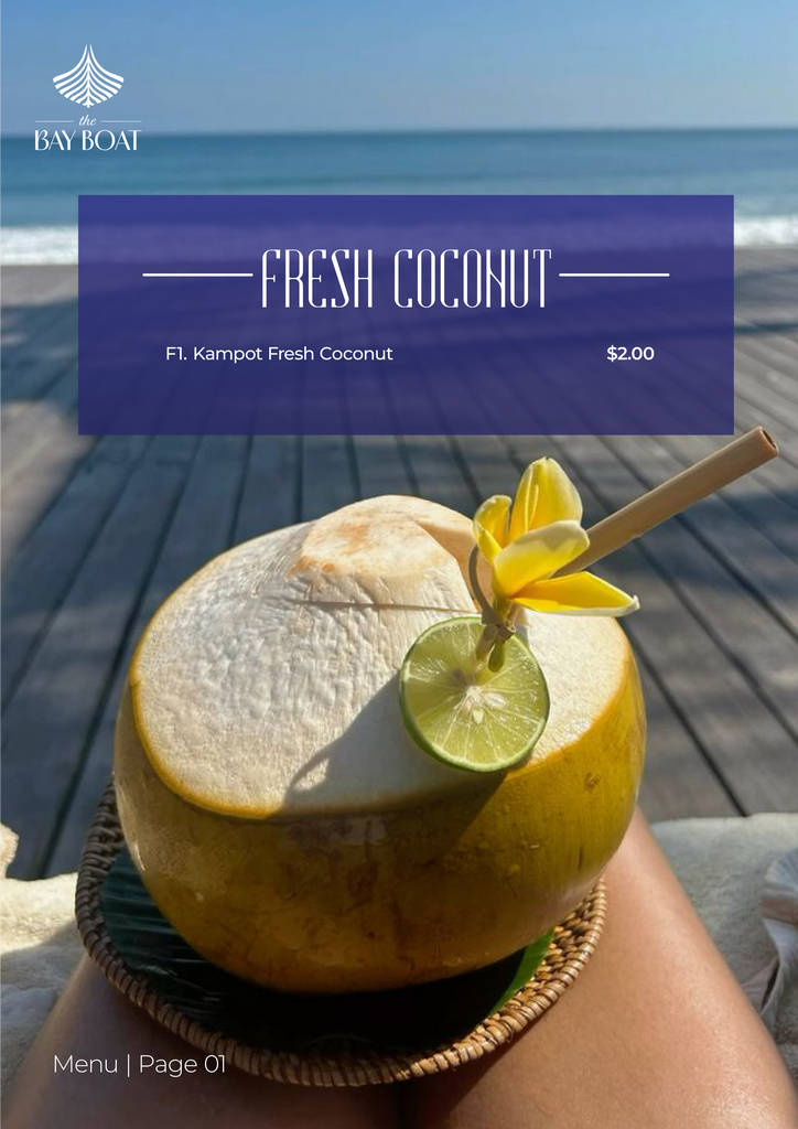 the bay boat. kampot, cambodia. daily cruises on the kampot river. On-board menu.