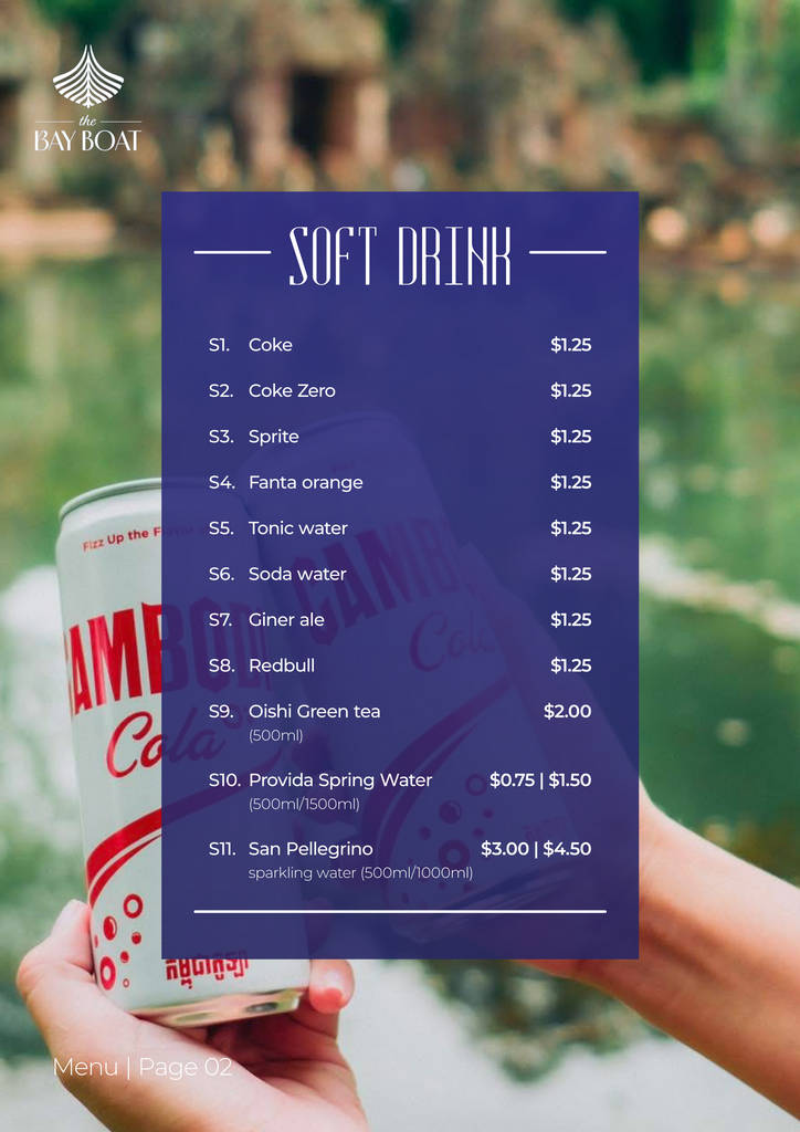 the bay boat. kampot, cambodia. daily cruises on the kampot river. On-board menu.