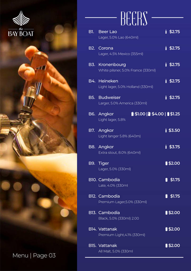 the bay boat. kampot, cambodia. daily cruises on the kampot river. On-board menu.