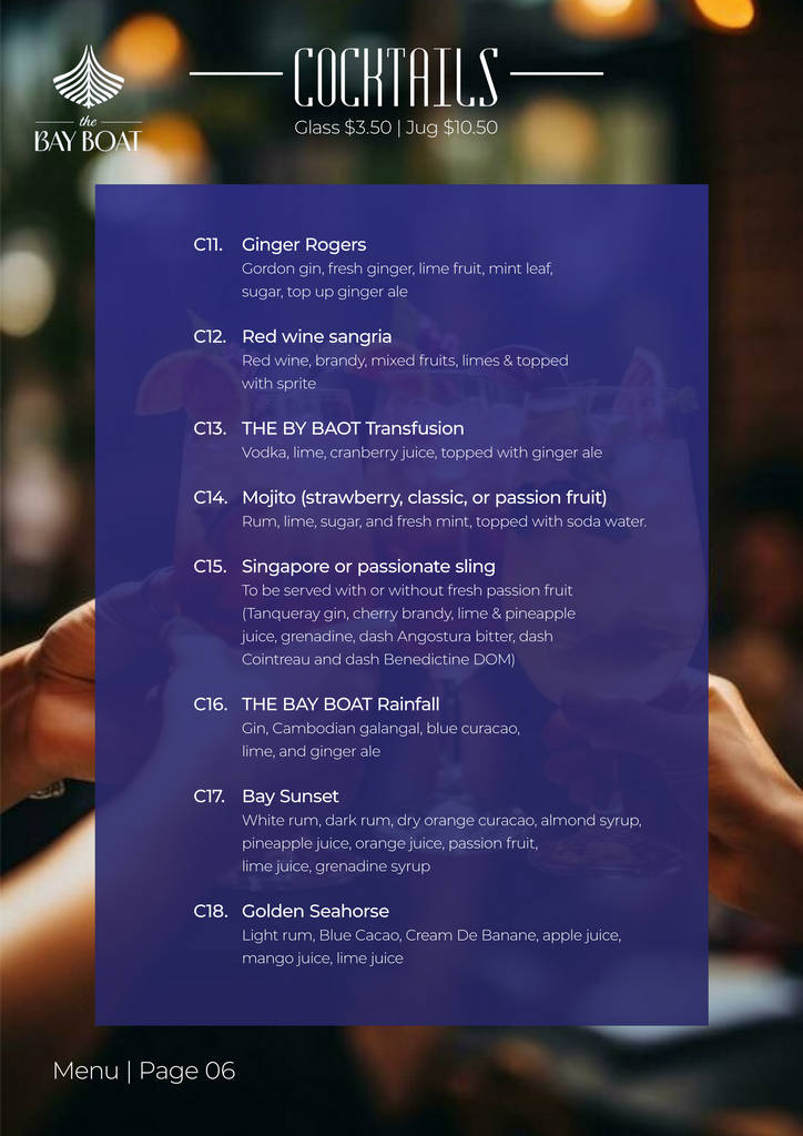 the bay boat. kampot, cambodia. daily cruises on the kampot river. On-board menu.