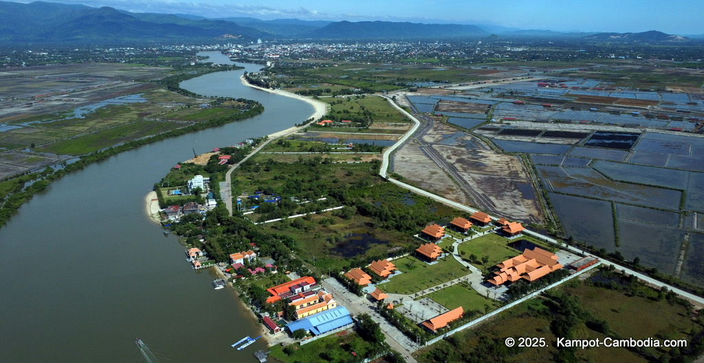 Heritage Village in Kampot, Cambodia. Wooden houses near the Kampot River.