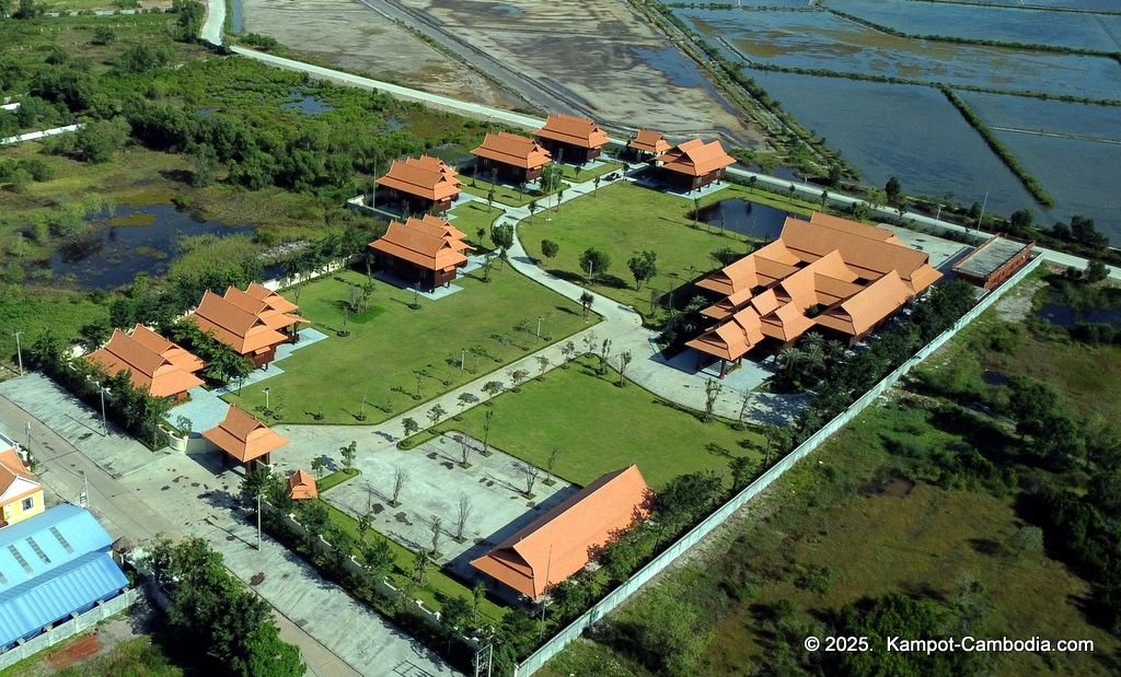 Heritage Village in Kampot, Cambodia. Wooden houses near the Kampot River.