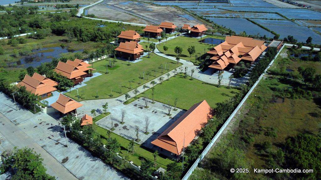 Heritage Village in Kampot, Cambodia. Wooden houses near the Kampot River.