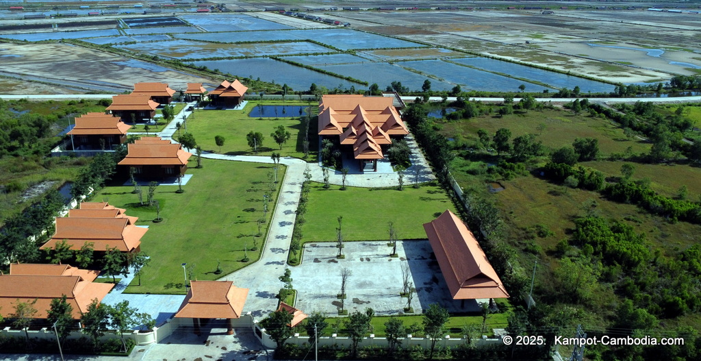 Heritage Village in Kampot, Cambodia. Wooden houses near the Kampot River.