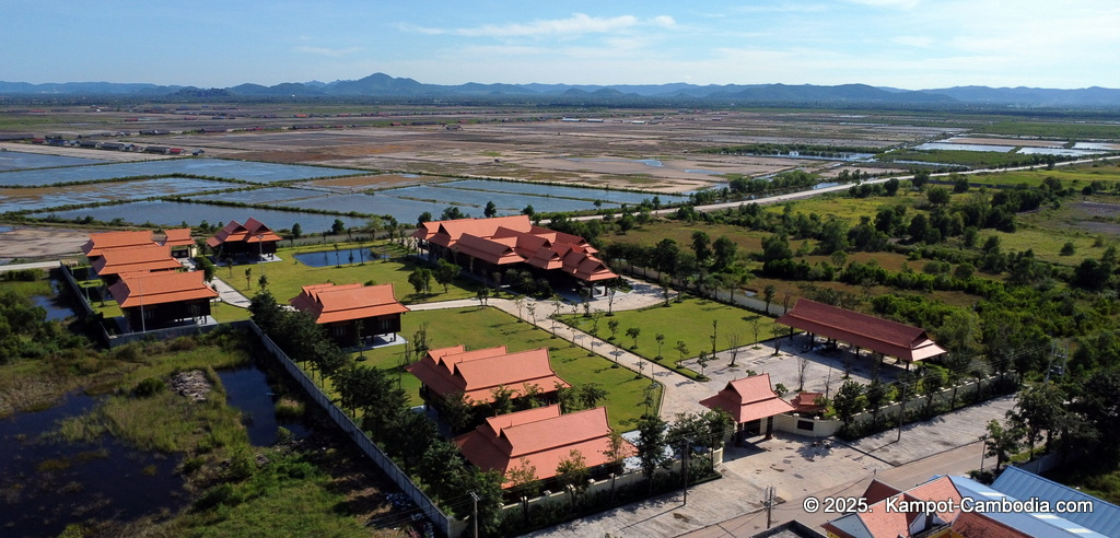 Heritage Village in Kampot, Cambodia. Wooden houses near the Kampot River.