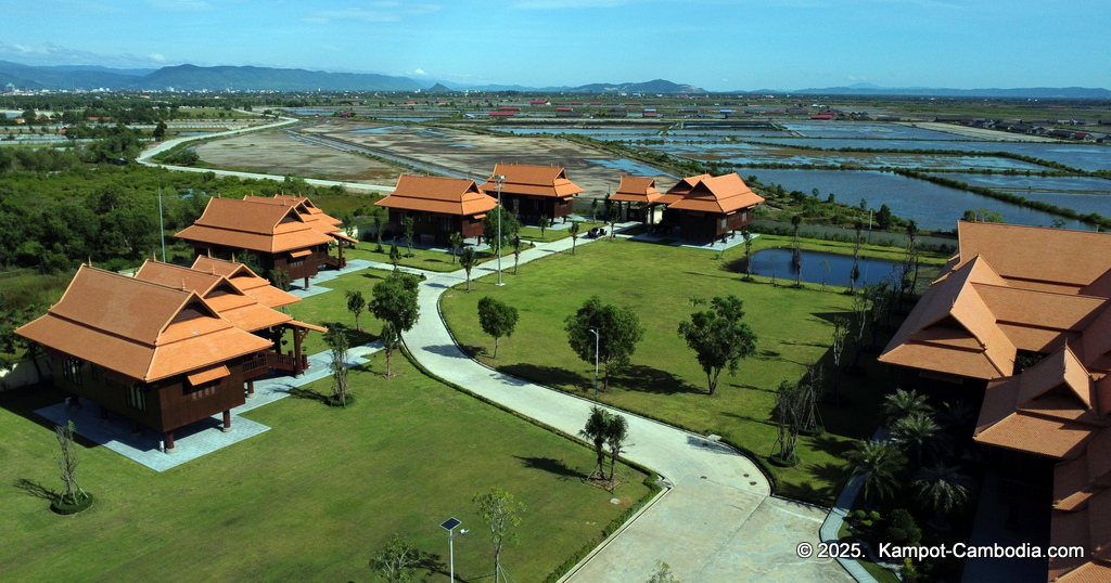 Heritage Village in Kampot, Cambodia. Wooden houses near the Kampot River.