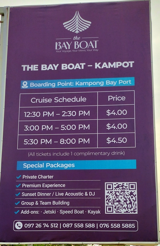 the bay boat. kampot, cambodia. daily cruises on the kampot river.