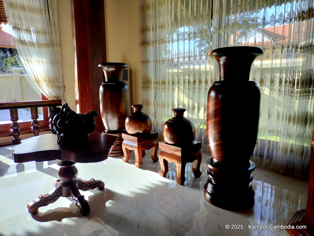 Heritage Village in Kampot, Cambodia. Wooden houses near the Kampot River.