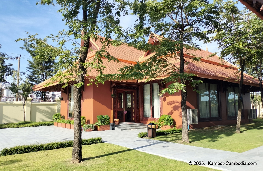 Heritage Village in Kampot, Cambodia. Wooden houses near the Kampot River.