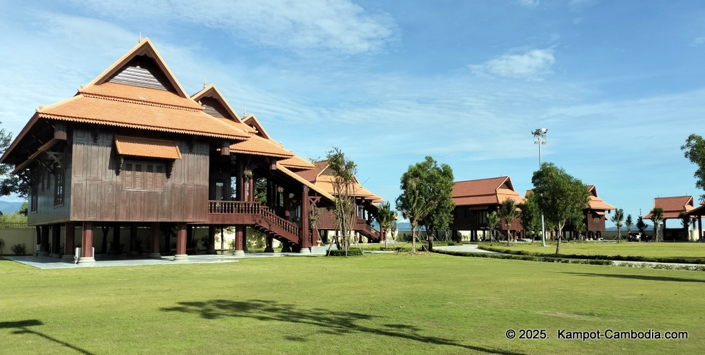Heritage Village in Kampot, Cambodia. Wooden houses near the Kampot River.