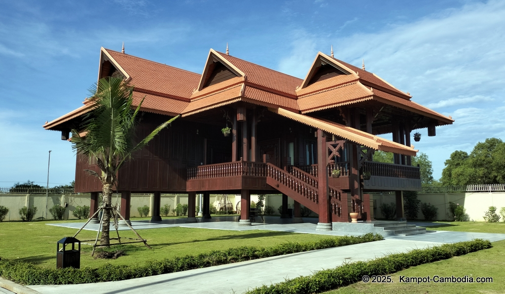 Heritage Village in Kampot, Cambodia. Wooden houses near the Kampot River.