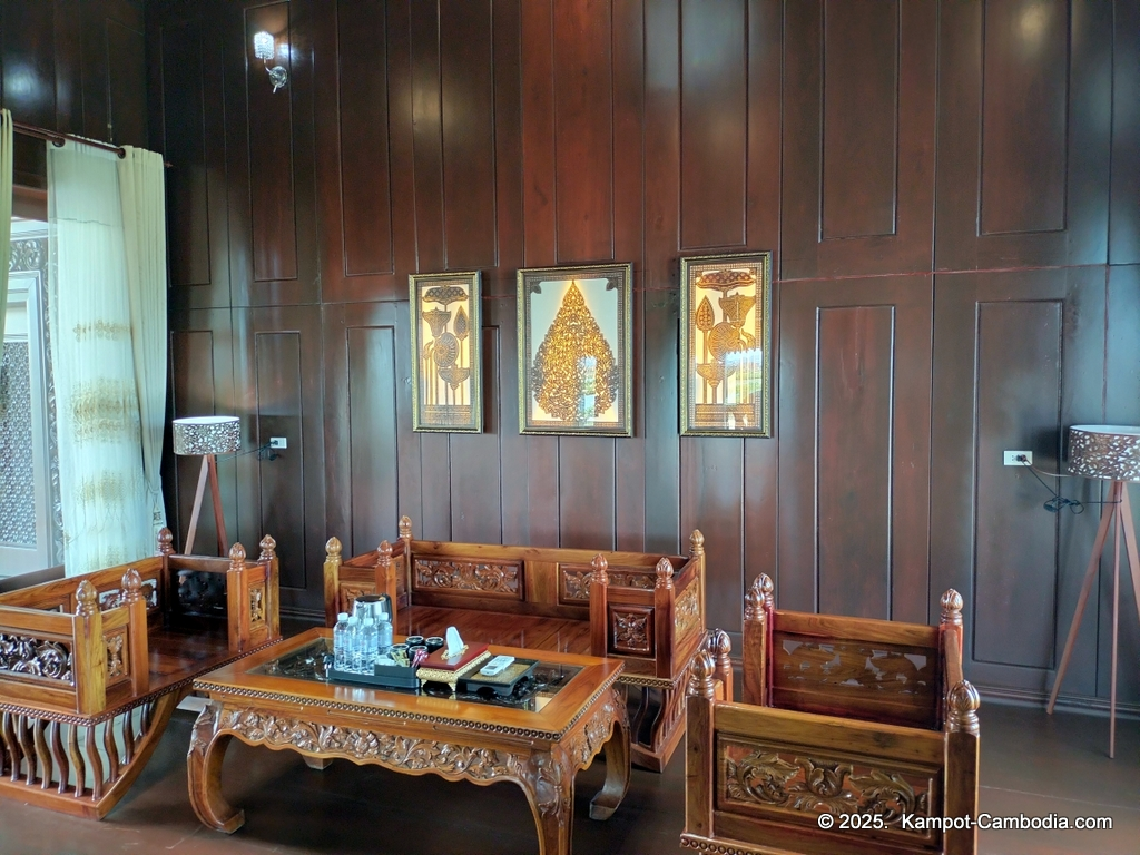 Heritage Village in Kampot, Cambodia. Wooden houses near the Kampot River.