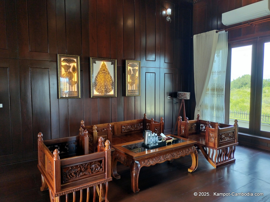 Heritage Village in Kampot, Cambodia. Wooden houses near the Kampot River.