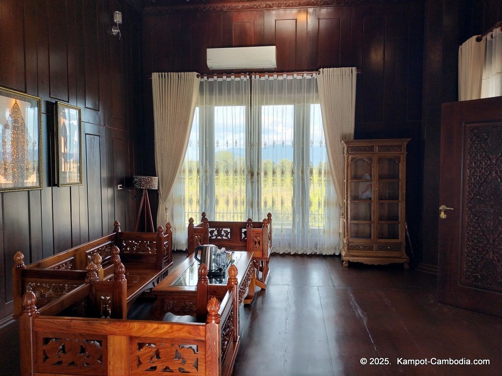 Heritage Village in Kampot, Cambodia. Wooden houses near the Kampot River.