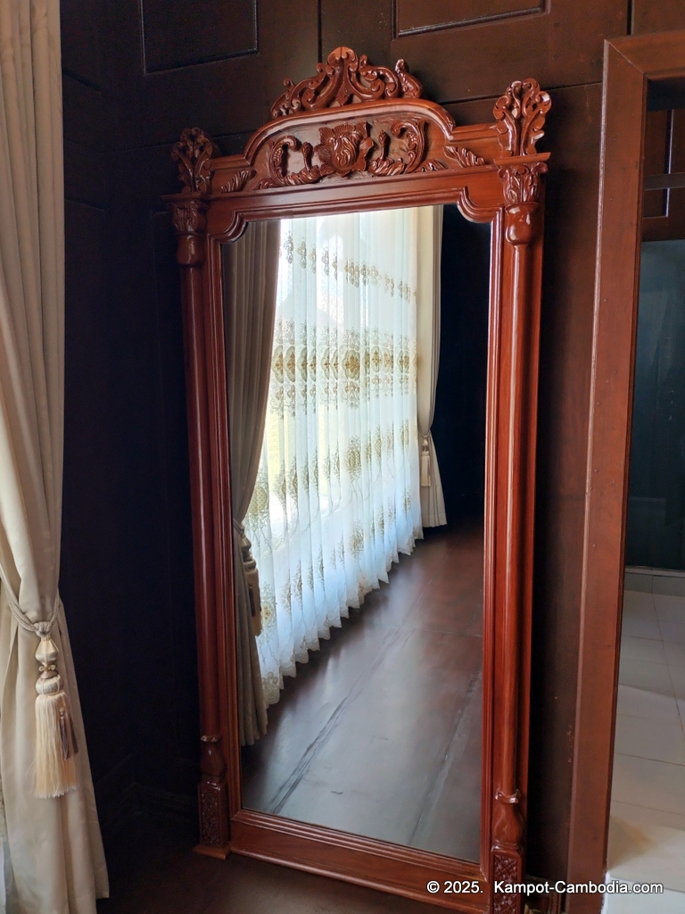 Heritage Village in Kampot, Cambodia. Wooden houses near the Kampot River.