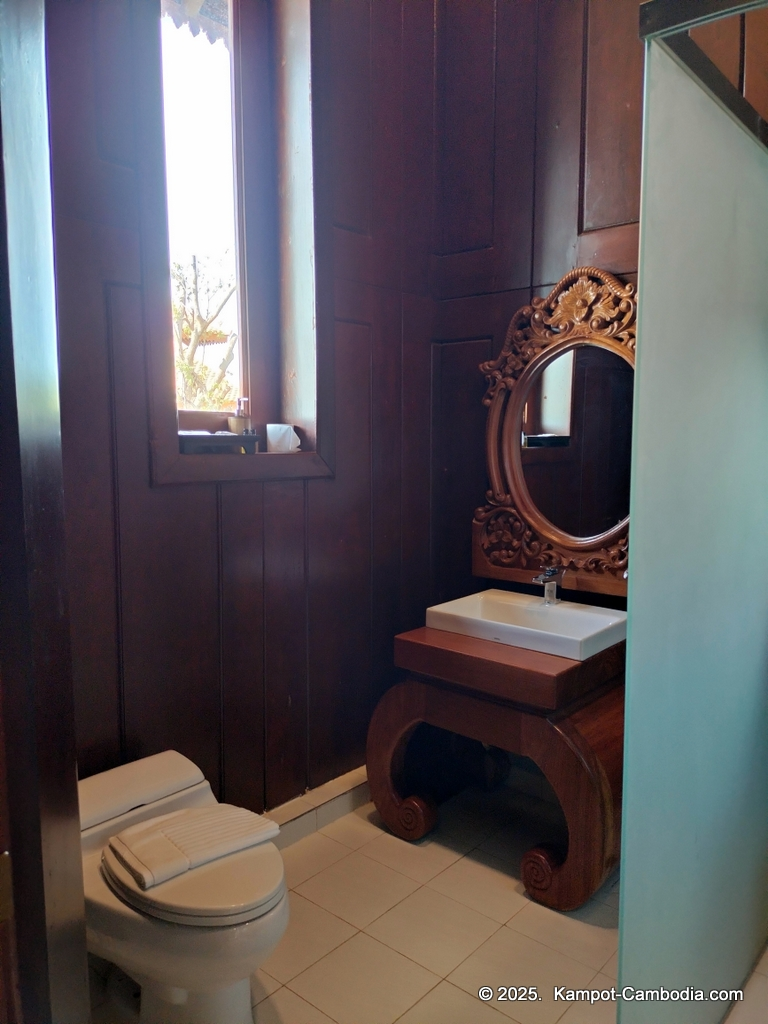 Heritage Village in Kampot, Cambodia. Wooden houses near the Kampot River.