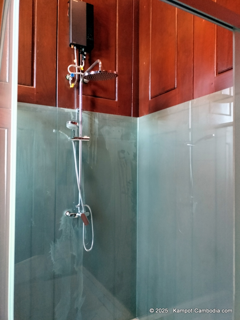 Heritage Village in Kampot, Cambodia. Wooden houses near the Kampot River.