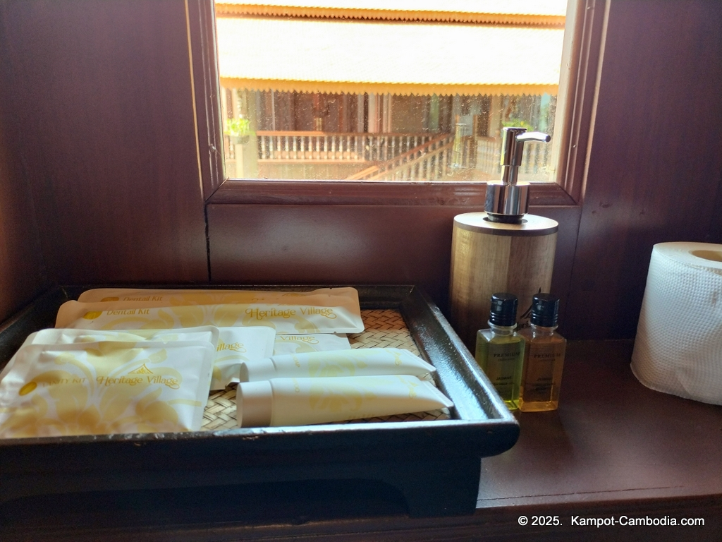 Heritage Village in Kampot, Cambodia. Wooden houses near the Kampot River.