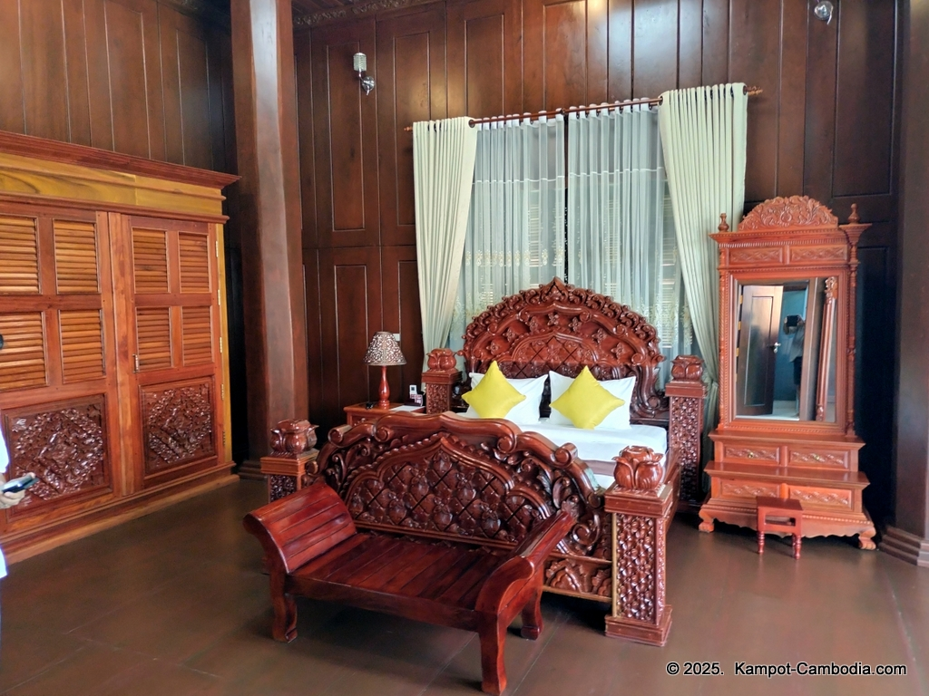 Heritage Village in Kampot, Cambodia. Wooden houses near the Kampot River.