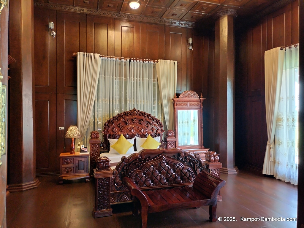 Heritage Village in Kampot, Cambodia. Wooden houses near the Kampot River.