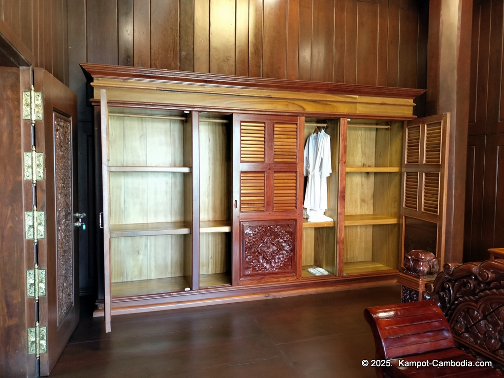 Heritage Village in Kampot, Cambodia. Wooden houses near the Kampot River.