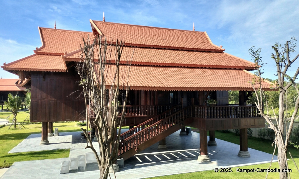 Heritage Village in Kampot, Cambodia. Wooden houses near the Kampot River.