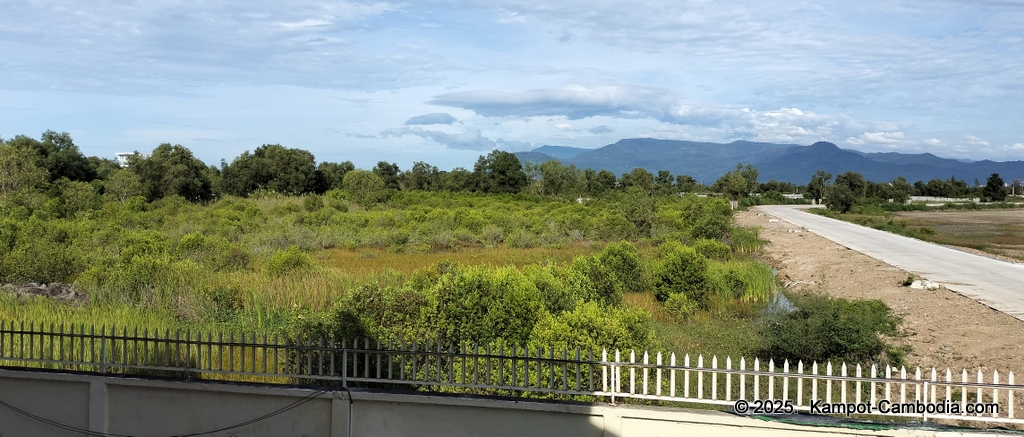 Heritage Village in Kampot, Cambodia. Wooden houses near the Kampot River.