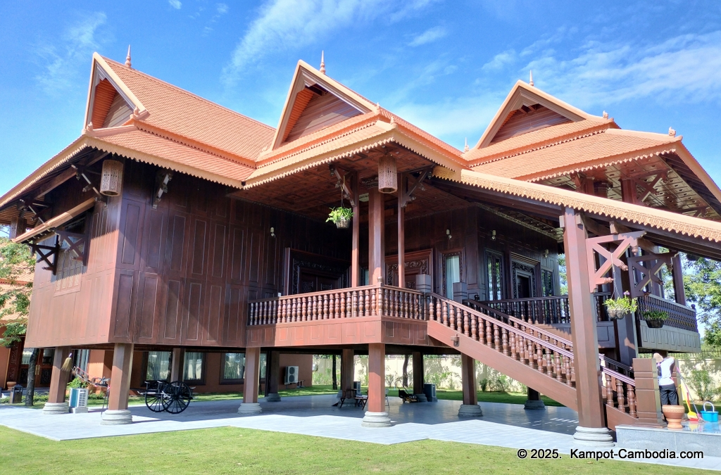 Heritage Village in Kampot, Cambodia. Wooden houses near the Kampot River.