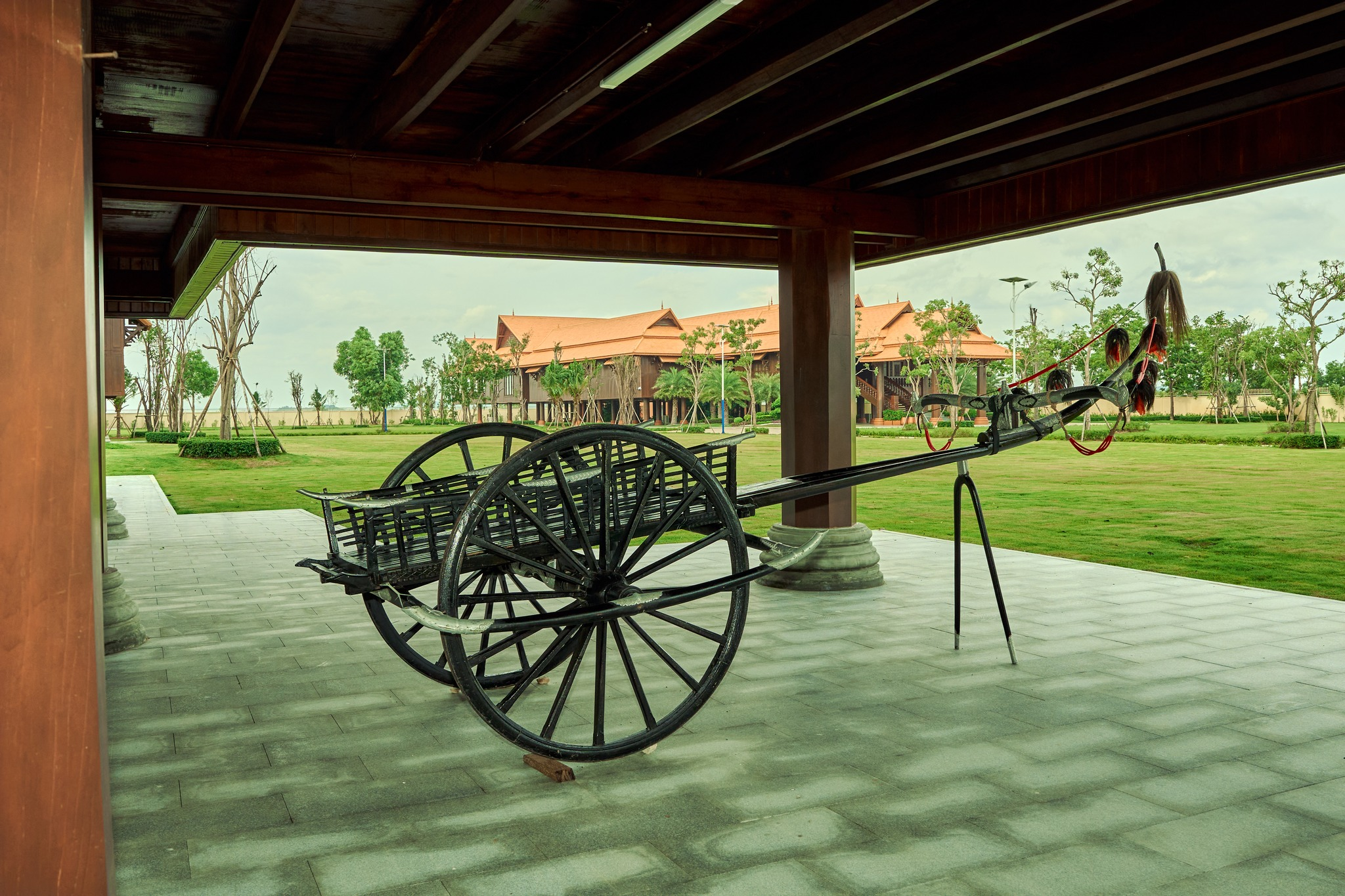 Heritage Village in Kampot, Cambodia. Wooden houses near the Kampot River.