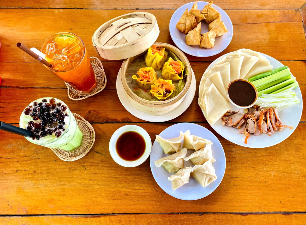 ecran noodles and home made dumplings, peking duck, chinese noodle soup, in kampot cambodia