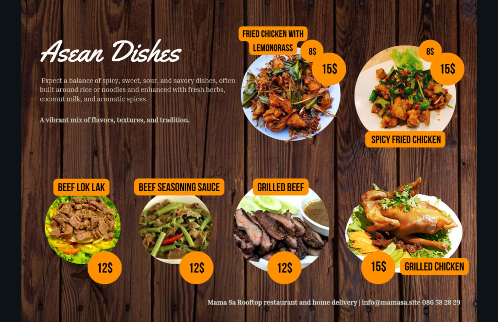 Mama Sa Hotel & Restaurant in Kampot, Cambodia. Menu