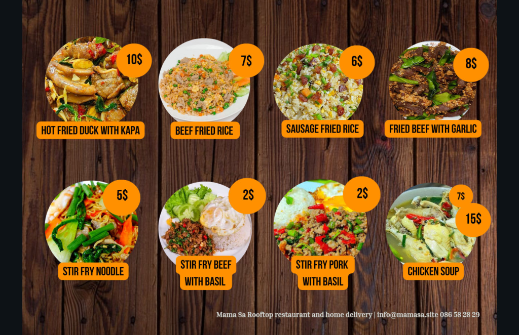 Mama Sa Hotel & Restaurant in Kampot, Cambodia. Menu