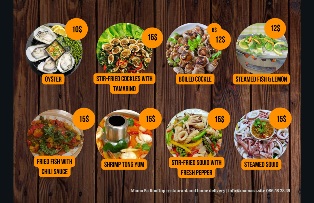 Mama Sa Hotel & Restaurant in Kampot, Cambodia. Menu