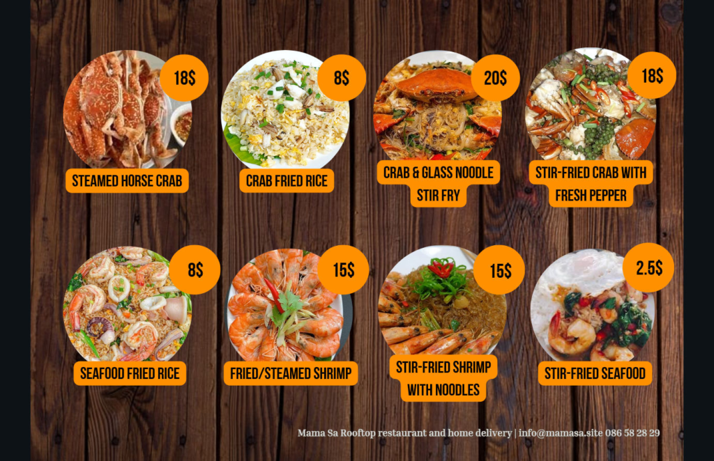 Mama Sa Hotel & Restaurant in Kampot, Cambodia. Menu