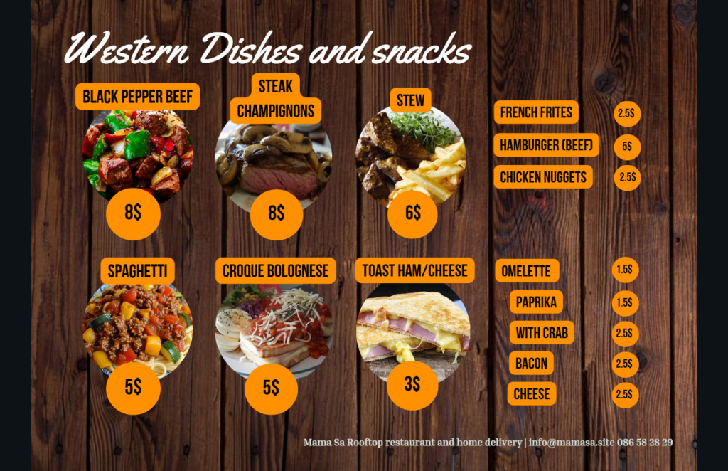 Mama Sa Hotel & Restaurant in Kampot, Cambodia. Menu