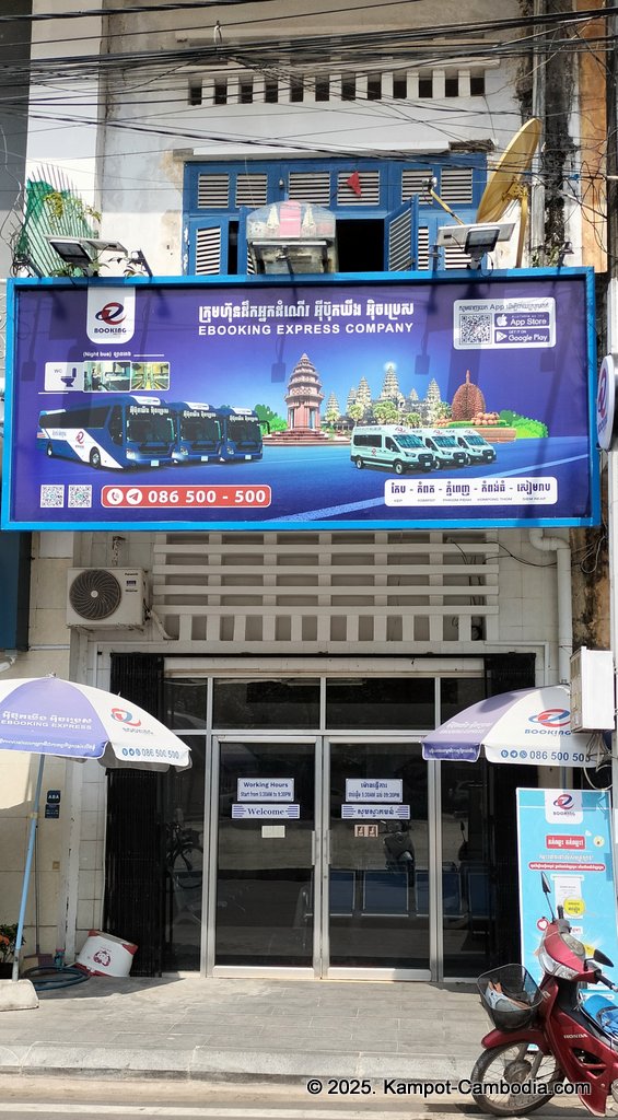 Booking Express bus between Phnom Penh and Kampot, Cambodia. Downtown Kampot.