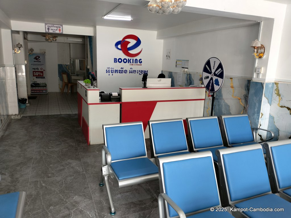 Booking Express bus between Phnom Penh and Kampot, Cambodia. Downtown Kampot.