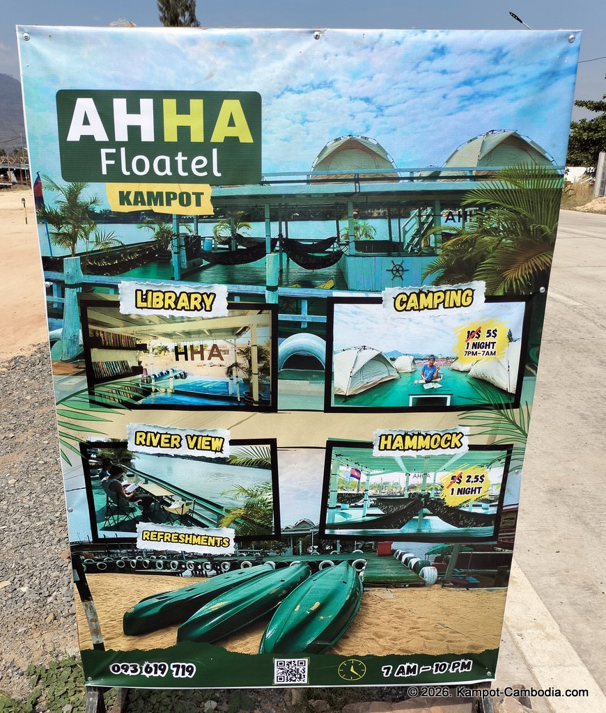 AHHA Floatel Library, hammocks, tents, cafe, kayaks on the Kampot River in Cambodia.