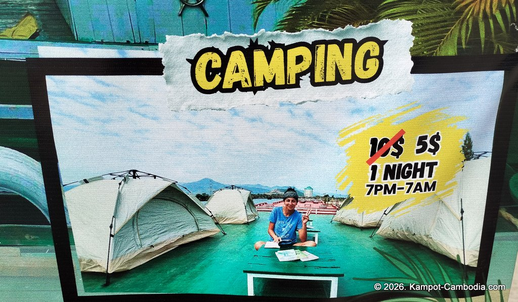 AHHA Floatel Library, hammocks, tents, cafe, kayaks on the Kampot River in Cambodia.